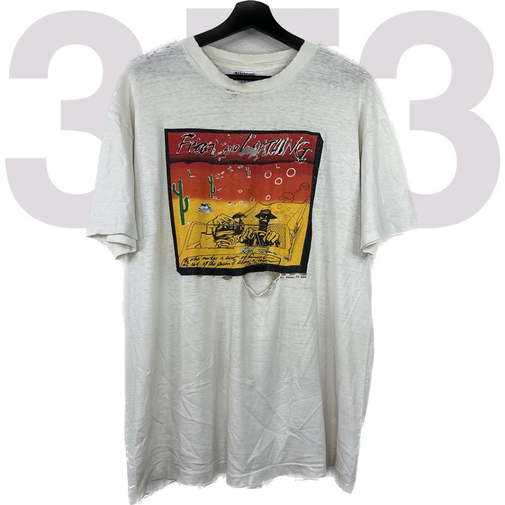VINTAGE 90S HUNTER S THOMPSON FEAR AND LOATHING SHIRT SZ XL WHT THRASHED